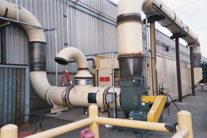 `View of forced draft fan that collect process fumes and sends them to the thermal oxidizer heat exchanger inlet/oxidizer.`